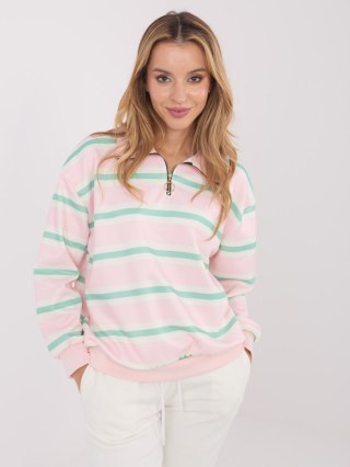 Jasnoróżowa bluza damska w paski z kołnierzykiem i zamkiem – Italy Moda