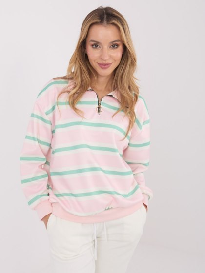 Jasnoróżowa bluza damska w paski z kołnierzykiem i zamkiem – Italy Moda