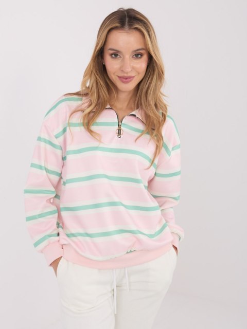 Jasnoróżowa bluza damska w paski z kołnierzykiem i zamkiem