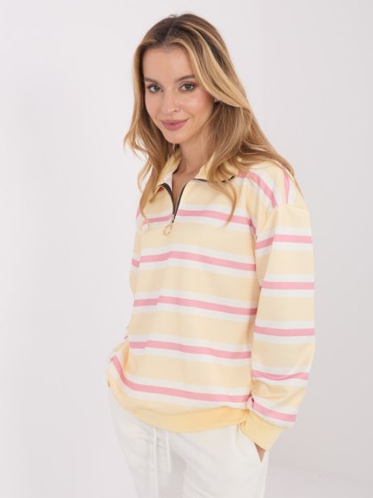 Jasnożółta bluza damska typu polo w paski z kołnierzykiem i zamkiem – Italy Moda