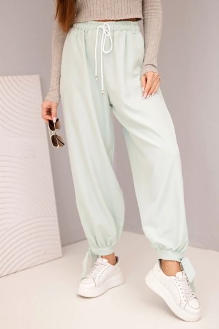 Spodnie damskie z szeroką nogawką i wiązaniem u dołu – ciemno miętowe, produkcja włoska