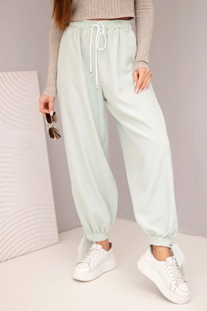 Spodnie damskie z szeroką nogawką i wiązaniem u dołu – ciemno miętowe, produkcja włoska