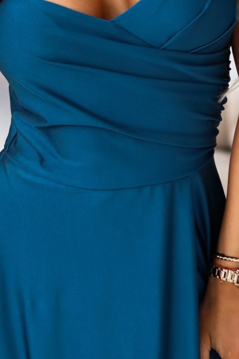 646-2 Długa sukienka wieczorowa na ramiączkach z rozcięciem na nodze - morska - UNI