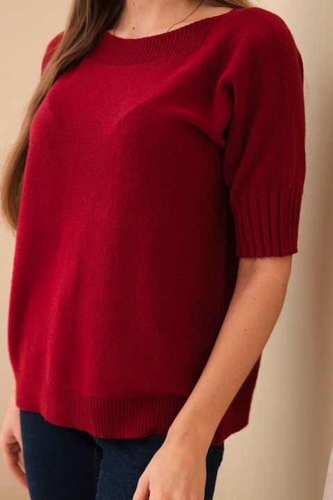 Sweter damski oversize bordowy z wiskozy i wełny – krótki rękaw, włoska jakość