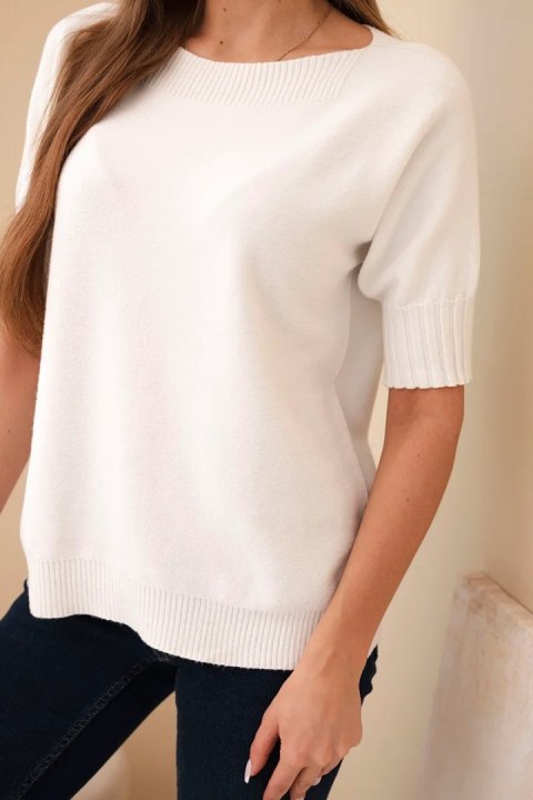 Sweter damski oversize z wiskozy i wełny – ecru, krótki rękaw, włoska produkcja