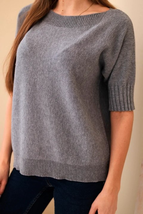 Sweter damski oversize z wiskozy i wełny – szary, krótki rękaw, włoska produkcja