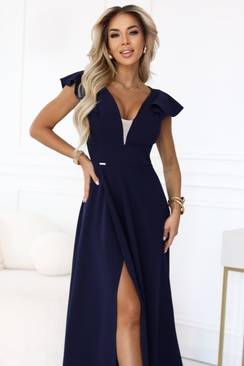 660-1 Elegancka sukienka maxi z falbankami, głębokim dekoltem i rozcięciem na nodze - granatowa - XL