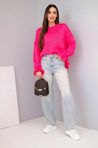 Sweter Damski Luźny z Moherem i Wełną – Różowy Neon | Stylowy Wieszak