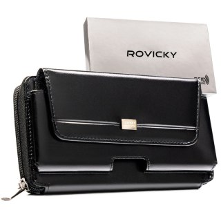 Skórzana, dwukomorowa, czarna saszetka męska z systemem RFID - Rovicky