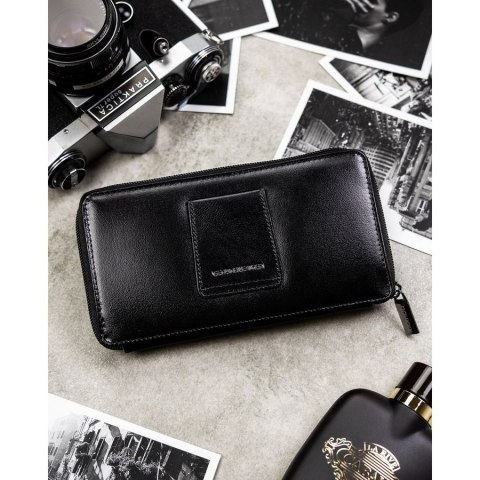 Skórzana, dwukomorowa, czarna saszetka męska z systemem RFID - Rovicky