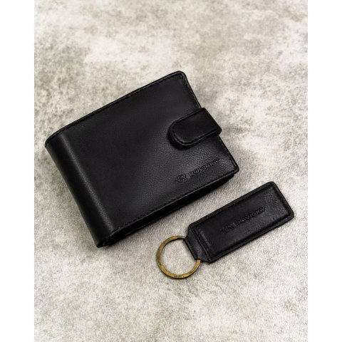 Zestaw prezentowy: męski, czarny portfel ze skóry ekologicznej i brelok do kluczy - Rovicky