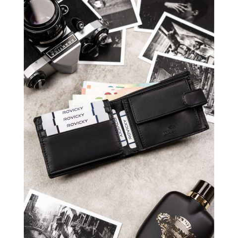 Zestaw prezentowy: męski, czarny portfel ze skóry ekologicznej i brelok do kluczy - Rovicky