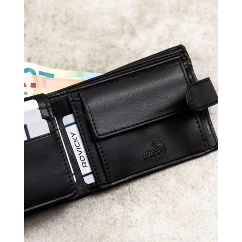 Zestaw prezentowy: męski, czarny portfel ze skóry ekologicznej i brelok do kluczy - Rovicky