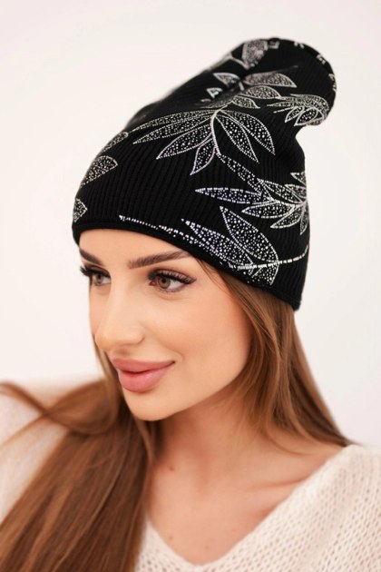 Czapka damska zimowa z moherem i połyskującym wzorem K502 czarna