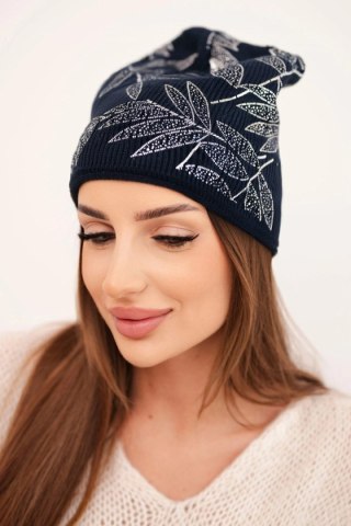 Czapka damska zimowa z moherem i połyskującym wzorem K502 granatowa