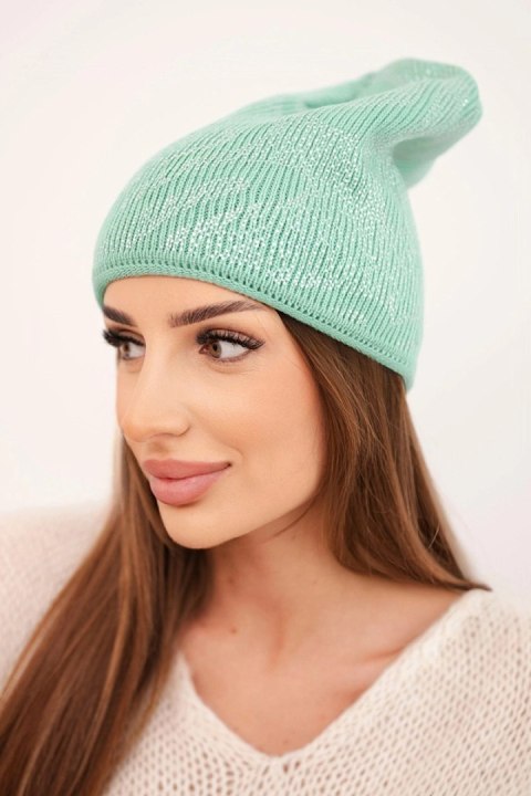 Miętowa czapka damska zimowa z moherem i połyskującym roślinnym wzorem K502