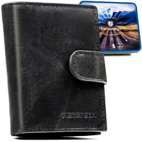 Czarny portfel męski ze skóry naturalnej wyposażony w system RFID, zamykany zatrzaskiem - Peterson