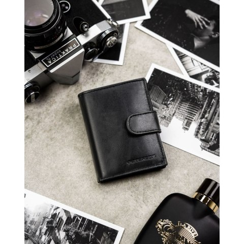 Czarny portfel męski ze skóry naturalnej wyposażony w system RFID, zamykany zatrzaskiem - Peterson