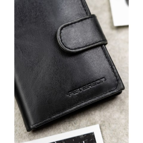 Czarny portfel męski ze skóry naturalnej wyposażony w system RFID, zamykany zatrzaskiem - Peterson