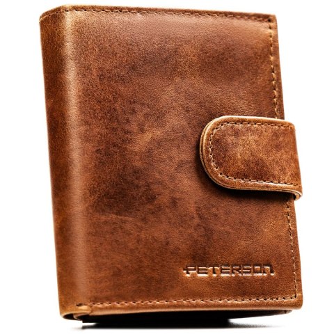 Jasnobrązowy portfel męski ze skóry naturalnej wyposażony w system RFID, zamykany zatrzaskiem - Peterson