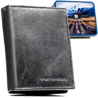 Pionowy, czarny portfel męski ze skóry naturalnej wyposażony w system RFID - Peterson
