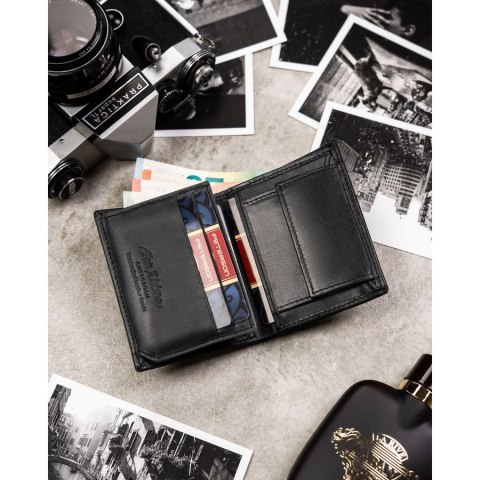 Pionowy, czarny portfel męski ze skóry naturalnej wyposażony w system RFID - Peterson