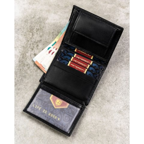 Pionowy, czarny portfel męski ze skóry naturalnej wyposażony w system RFID - Peterson