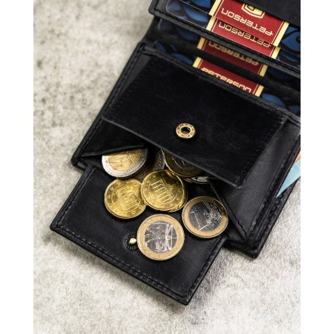 Pionowy, czarny portfel męski ze skóry naturalnej wyposażony w system RFID - Peterson