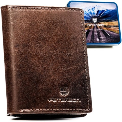 Pionowy portfel męski ze skóry naturalnej w brązowym kolorze, model bez zapięcia zewnętrznego - Peterson