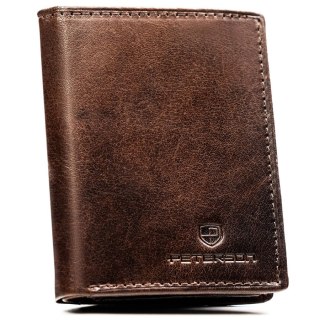 Pionowy portfel męski ze skóry naturalnej w brązowym kolorze, model bez zapięcia zewnętrznego - Peterson