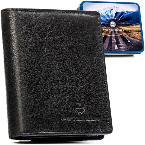 Pionowy portfel męski ze skóry naturalnej w czarnym kolorze, model bez zapięcia zewnętrznego - Peterson