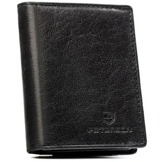 Pionowy portfel męski ze skóry naturalnej w czarnym kolorze, model bez zapięcia zewnętrznego - Peterson