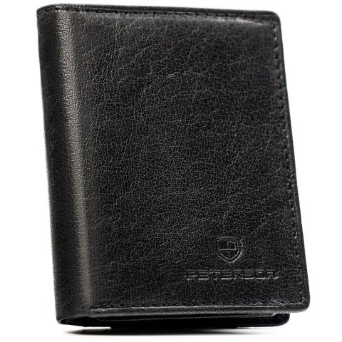 Pionowy portfel męski ze skóry naturalnej w czarnym kolorze, model bez zapięcia zewnętrznego - Peterson
