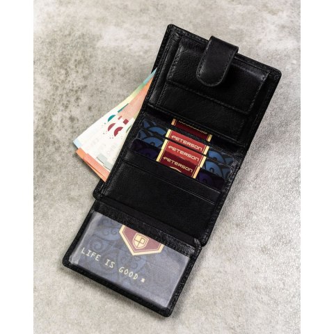 Portfel męski ze skóry naturalnej w czarnym kolorze, model zamykany zatrzaskiem - Peterson