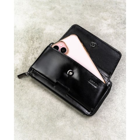 Skórzana, dwukomorowa, czarna saszetka męska z systemem RFID - Rovicky