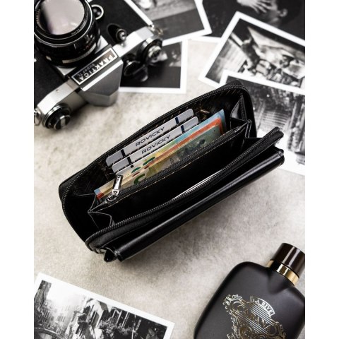 Skórzana, dwukomorowa, czarna saszetka męska z systemem RFID - Rovicky