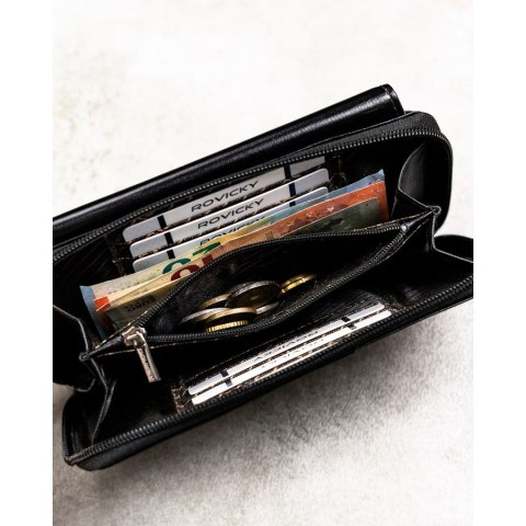 Skórzana, dwukomorowa, czarna saszetka męska z systemem RFID - Rovicky