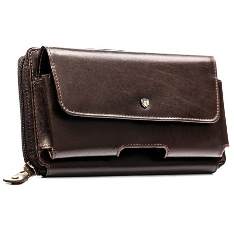 Skórzana, dwukomorowa saszetka męska w brązowym kolorze zamykana suwakiem - Rovicky
