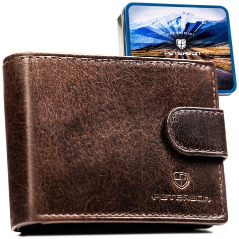 Skórzany, brązowy portfel męski zamykany na zatrzask, wyposażony w system RFID - Peterson