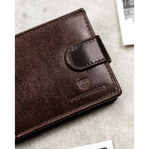 Skórzany, brązowy portfel męski zamykany na zatrzask, wyposażony w system RFID - Peterson