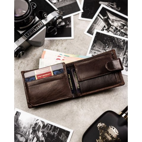 Skórzany, brązowy portfel męski zamykany na zatrzask, wyposażony w system RFID - Peterson