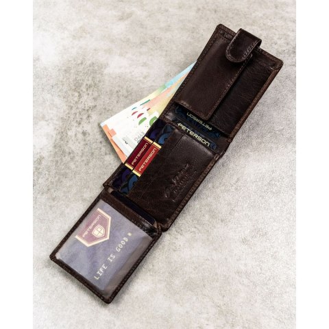 Skórzany, brązowy portfel męski zamykany na zatrzask, wyposażony w system RFID - Peterson