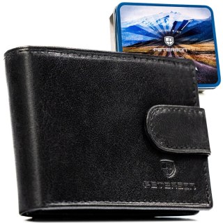 Skórzany, czarny portfel męski zamykany na zatrzask, wyposażony w system RFID - Peterson