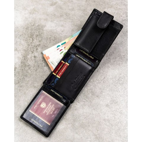 Skórzany, czarny portfel męski zamykany na zatrzask, wyposażony w system RFID - Peterson