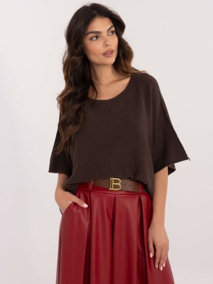 Czekoladowy krótki sweter damski oversize z wiskozą ITALY MODA one size