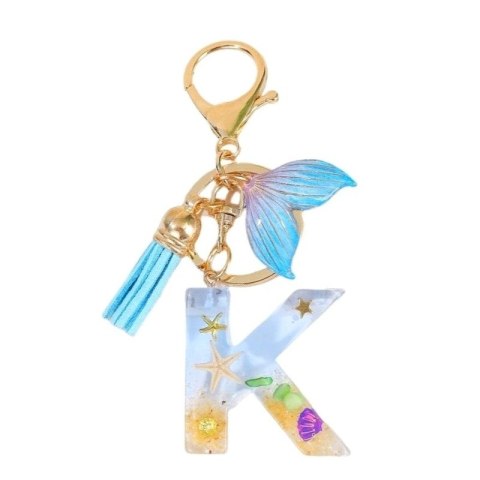Brelok do kluczy LITERKA "K" , MORSKI, ogon syreny, muszelki, frędzle BRL353K
