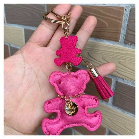 Brelok do kluczy skórzany MIŚ fuksja, frędzle BRL357