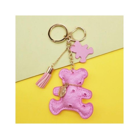 Brelok do kluczy skórzany MIŚ różowy, frędzle BRL356