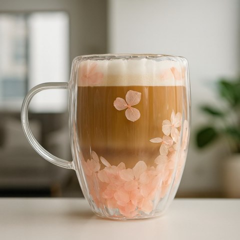 Szklanka termiczna ryflowana z kwiatami w środku, gipsówka róż 300 ml 1szt SZK157