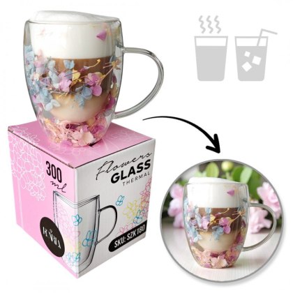 Szklanka termiczna z kwiatami w środku, gipsówka hortensje róż 300 ml 1szt SZK180